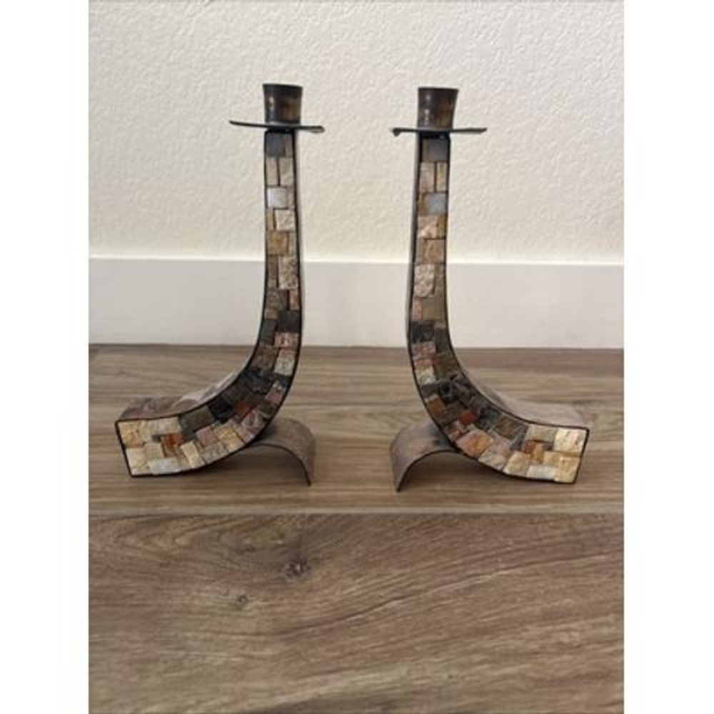 Eilon Mosaics MCM Hammered Copper Holy Land Stone Candlesticks Shabbat‎ 10.5"